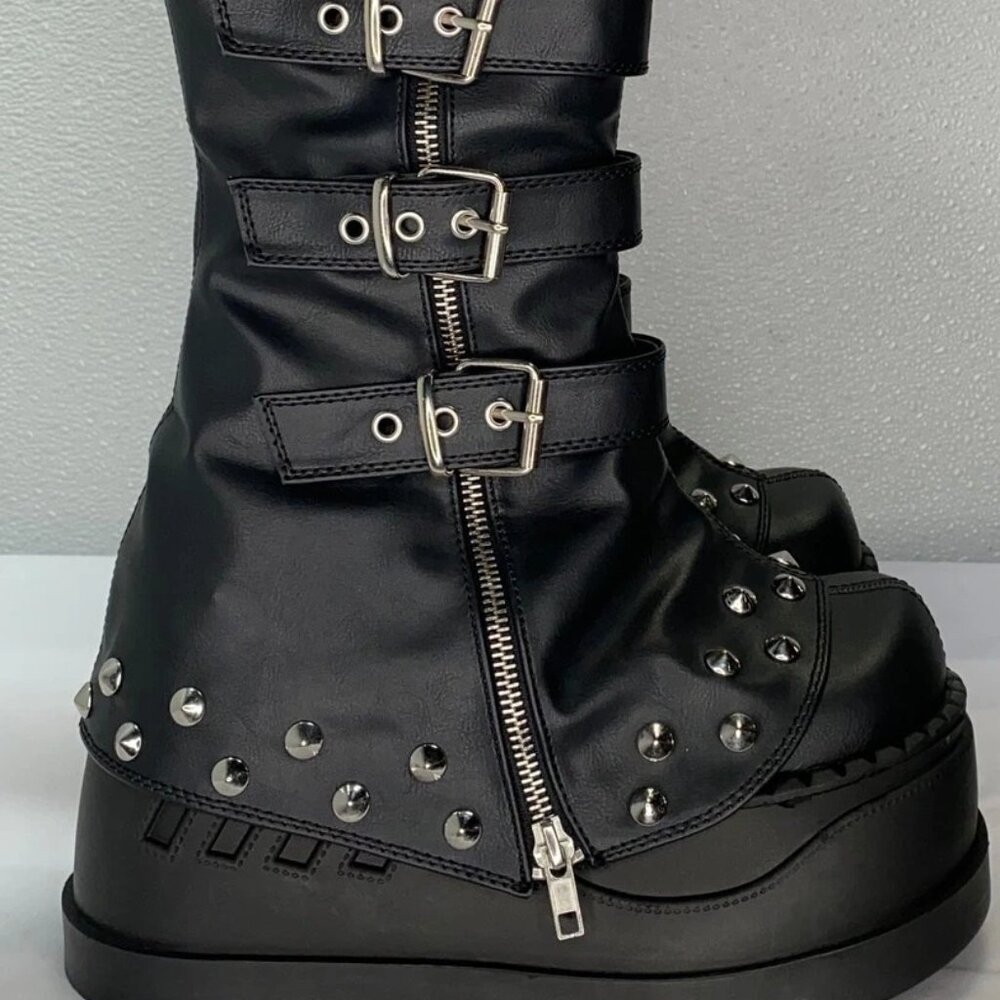 Demonia Women’s Stomp Platform Knee-High Boots – Black Leather – Size 6